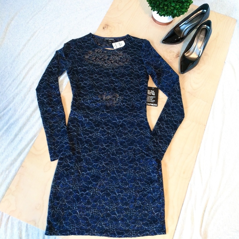 Dark blue lace cocktail dress w/ silver details
